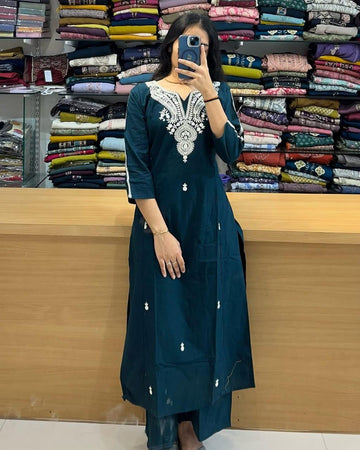 Beautiful Blue Cotton Kurta Pant Set