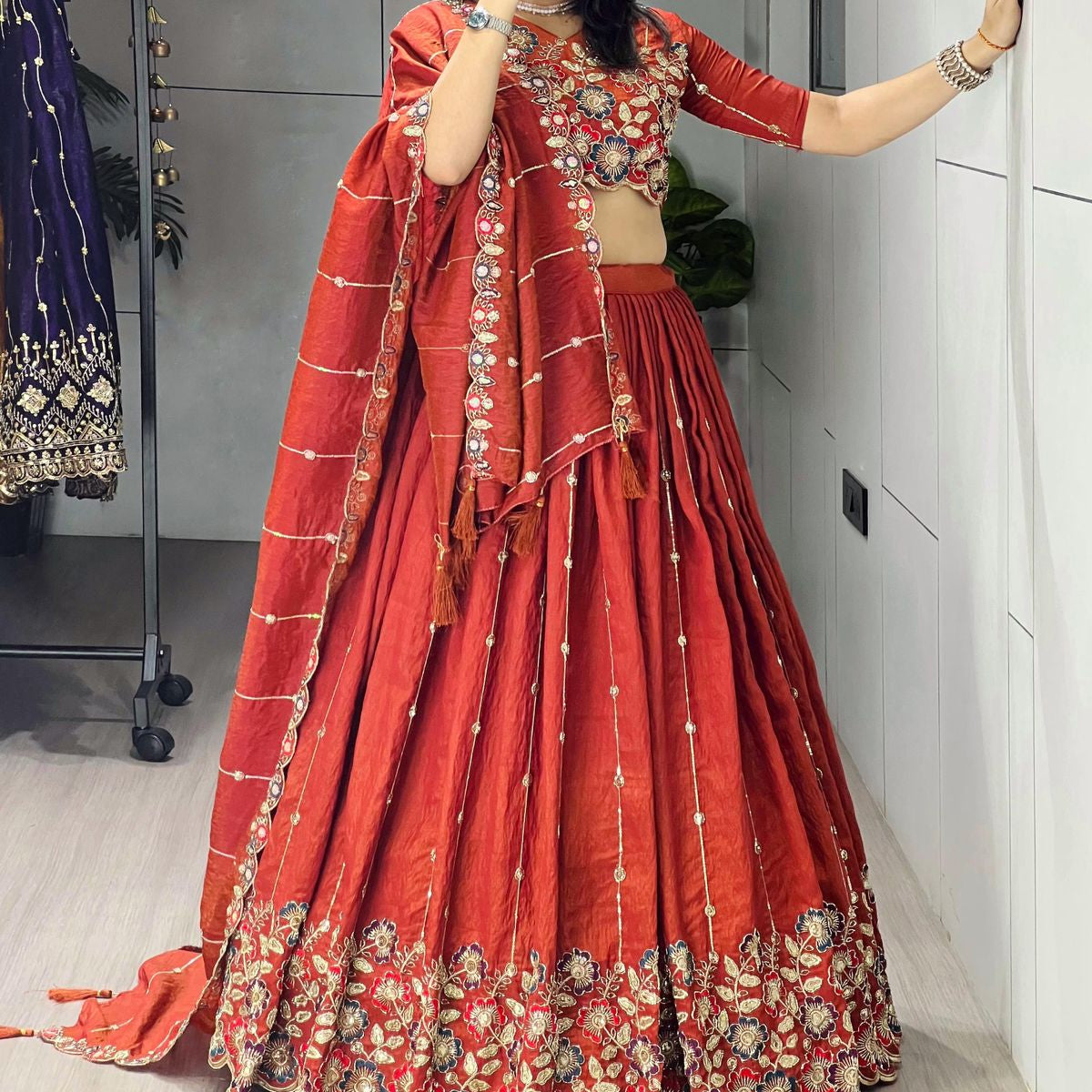Rust Red Hand-Embroidered Lehenga Choli Set for Weddings & Festive Wear