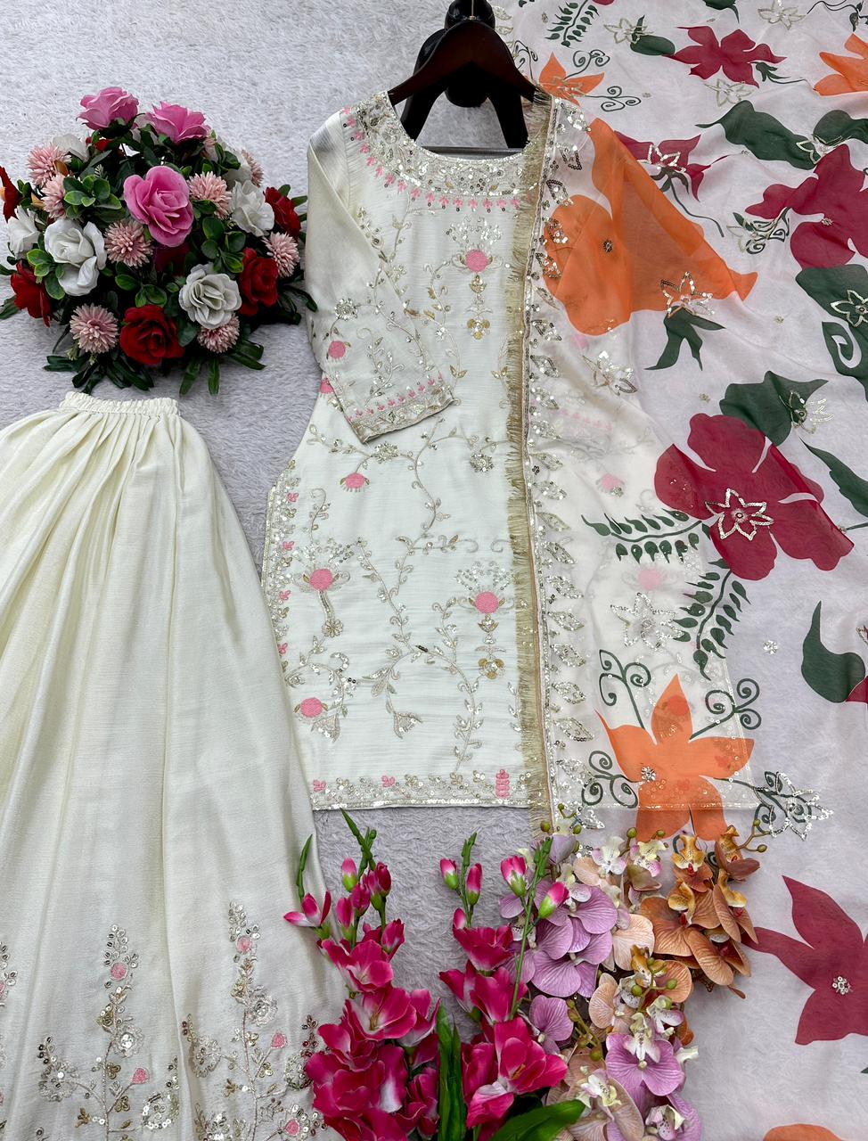 Ivory Lavender Embroidered Salwar Suit Set with Dupatta | Indian Party Wear Punjabi Suit | Festive Ethnic Wear