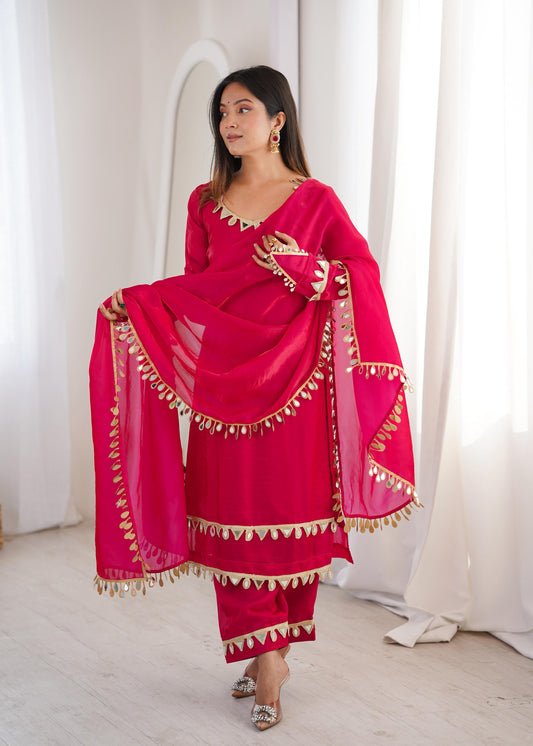Hot Pink Silk Kurta Set with Dupatta | Festive Ethnic Indian Salwar Suit for Women