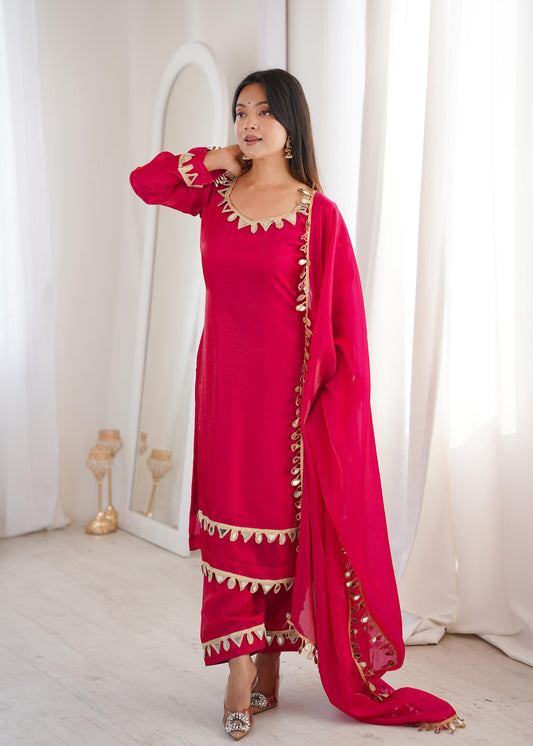 Hot Pink Silk Kurta Set with Dupatta | Festive Ethnic Indian Salwar Suit for Women