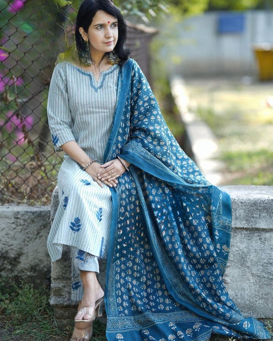 Blue Cotton Kurta Pant And Khadi Silk Floral Print Dupatta Set