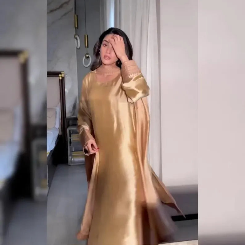 Elegant Gold Satin Kurta Set for Women – Festive & Wedding Wear Traditional 2 Piece Ethnic Outfit