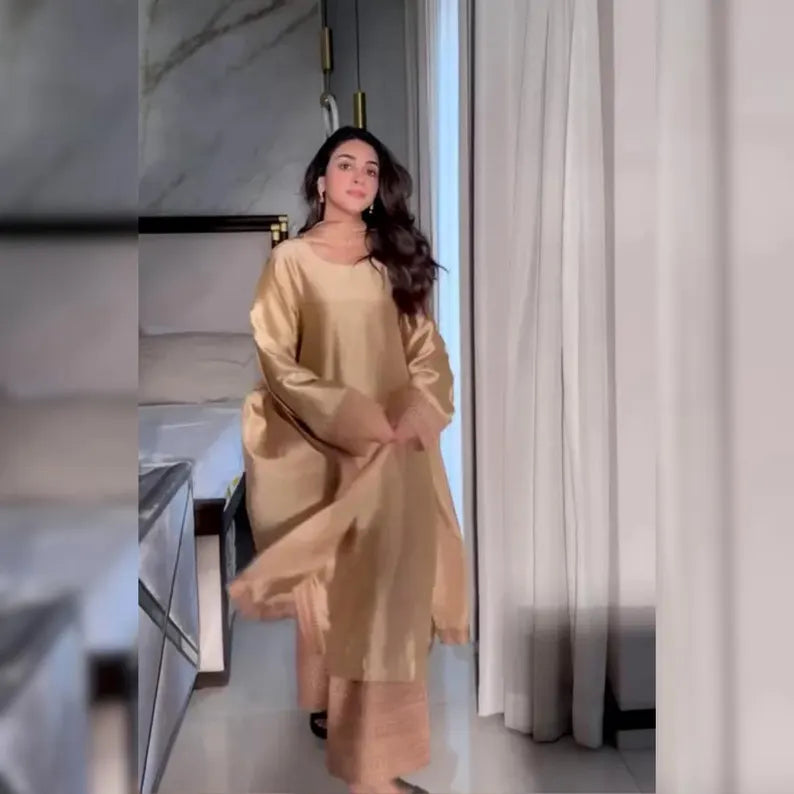 Elegant Gold Satin Kurta Set for Women – Festive & Wedding Wear Traditional 2 Piece Ethnic Outfit