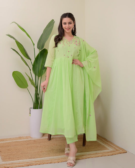 BEAUTIFUL COTTON A LINE KURTI PANT WITH DUPATTA SET