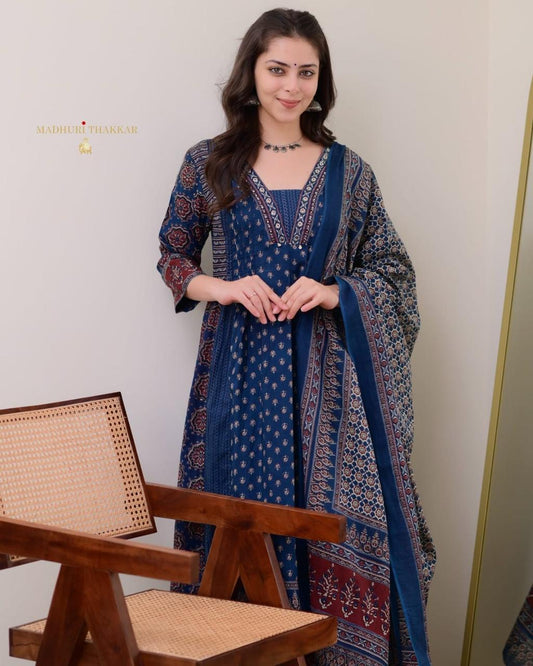 Women's Cotton Printed A Line Premium Kurti with Pant and Dupatta Set