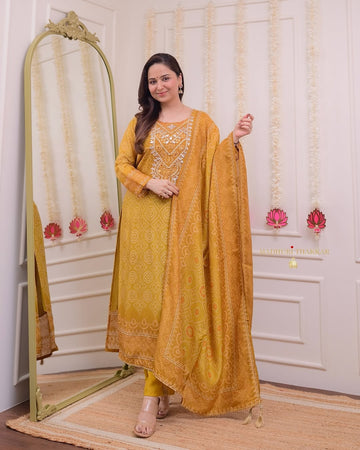 Most Graceful Pure Muslin Yellow Embroidered Suit Set