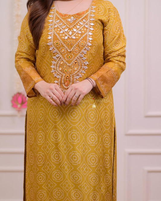 Most Graceful Pure Muslin Yellow Embroidered Suit Set