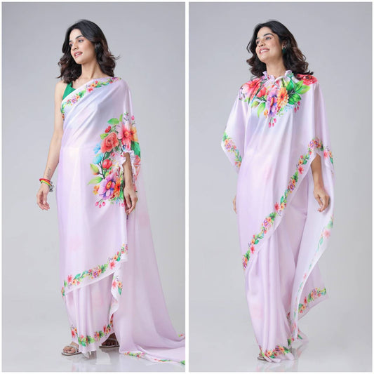Trending Lilac Free Hand Kaftan Style Ready To Wear Saree