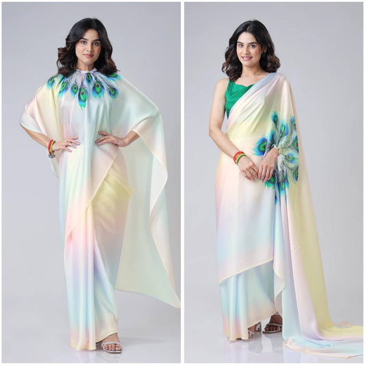 Trending Multicolor Peacock Free Hand Kaftan Style Ready To Wear Saree