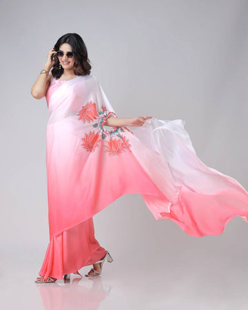 Trending Pink Free Hand Kaftan Style Ready To Wear Saree