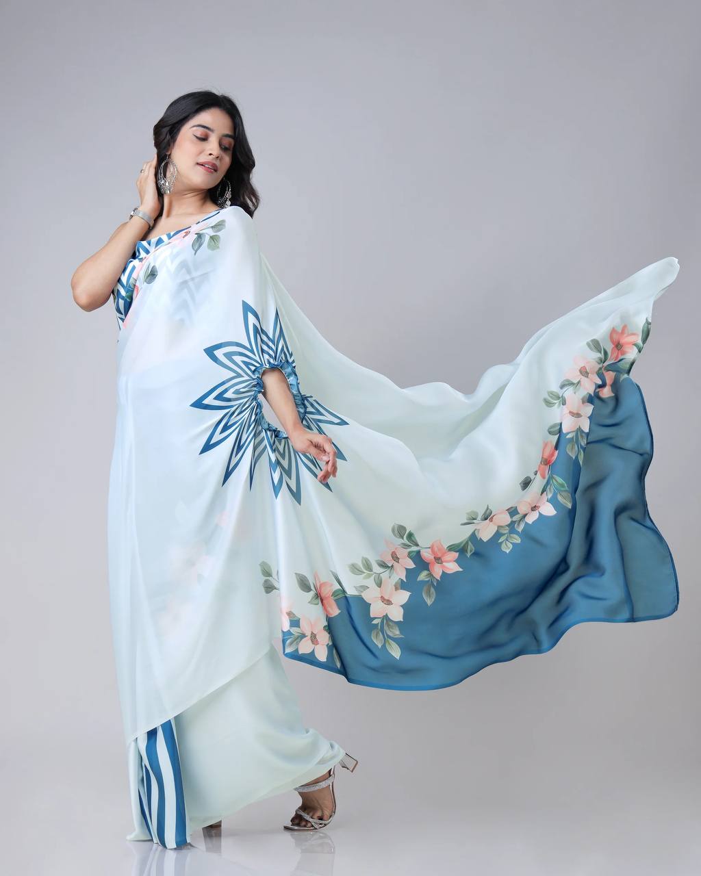 Trending Blue Free Hand Kaftan Style Ready To Wear Saree
