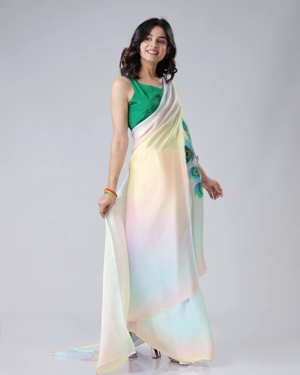 Trending Multicolor Peacock Free Hand Kaftan Style Ready To Wear Saree
