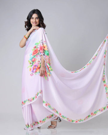 Trending Lilac Free Hand Kaftan Style Ready To Wear Saree