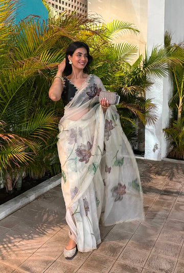 Beautiful Off White Floral Print Soft Organza Saree