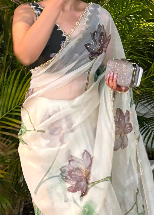 Beautiful Off White Floral Print Soft Organza Saree