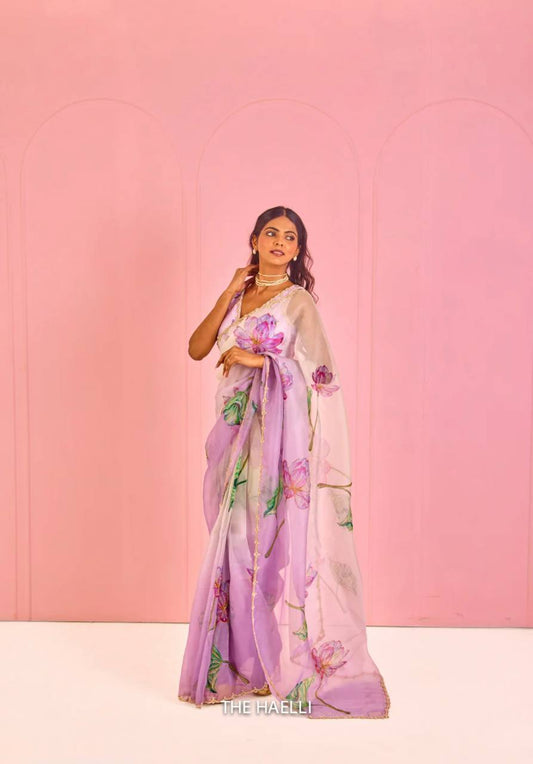Beautiful Purple Floral Print Soft Organza Saree