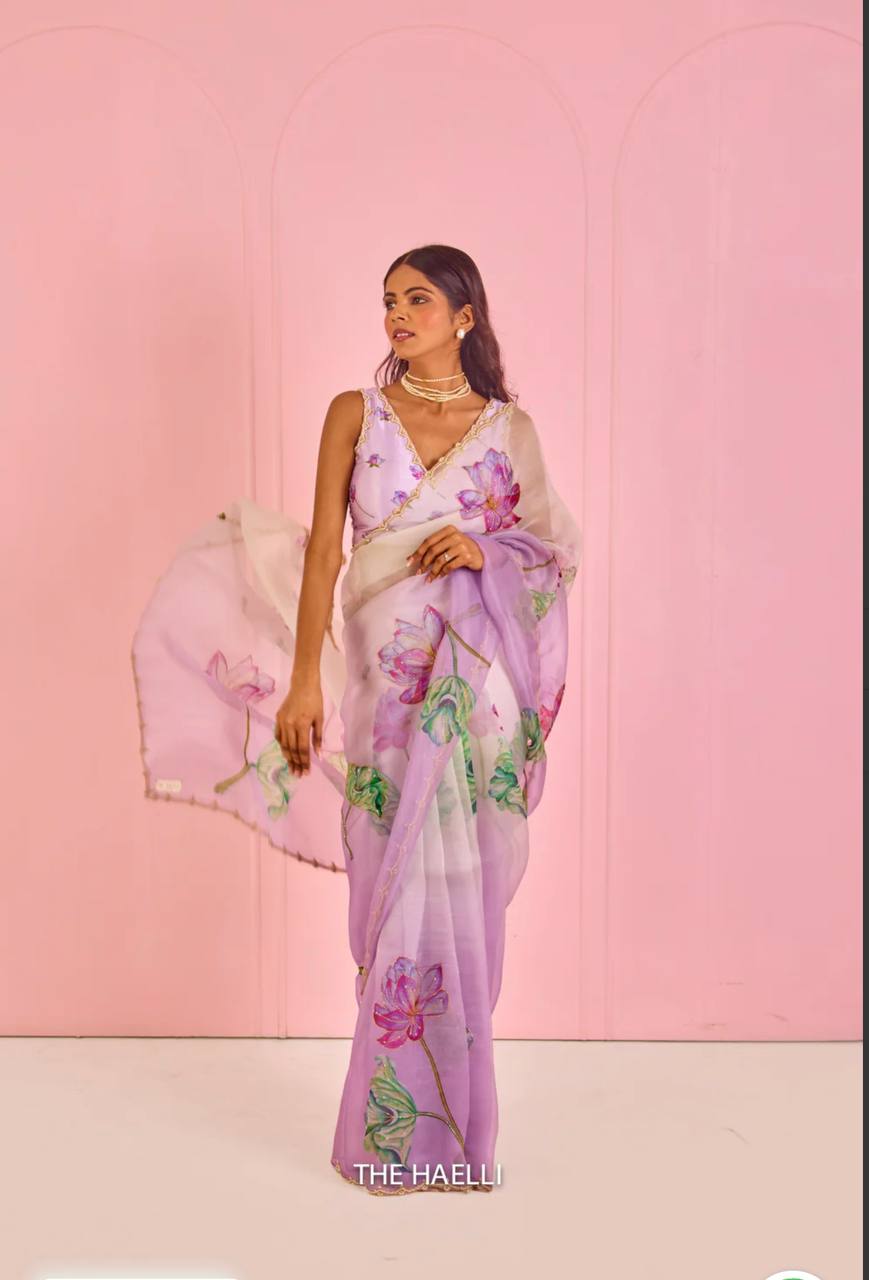 Beautiful Purple Floral Print Soft Organza Saree