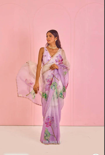 Beautiful Purple Floral Print Soft Organza Saree