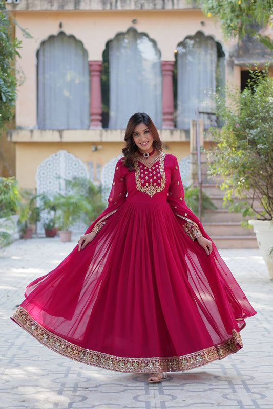 Elegant Faux Blooming Georgette Gown with Sequins Embroidery & Lace Dupatta