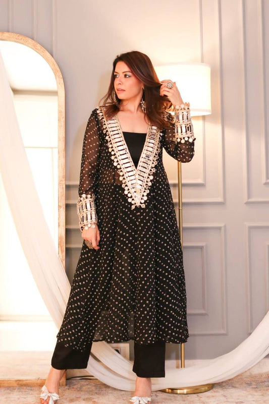 Digital Printed Chinon with Real Mirror &amp; Embroidery Work Dress