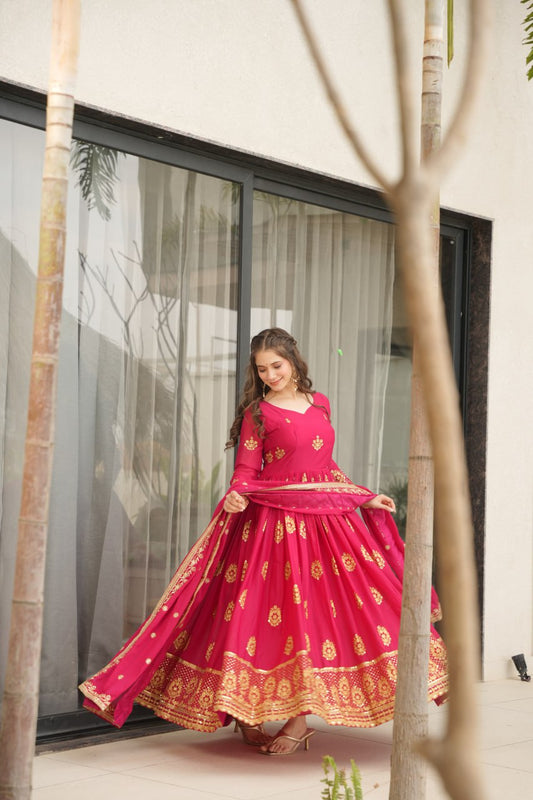 Women's Cotton Embroidered Anarkali Gown With Dupatta Set