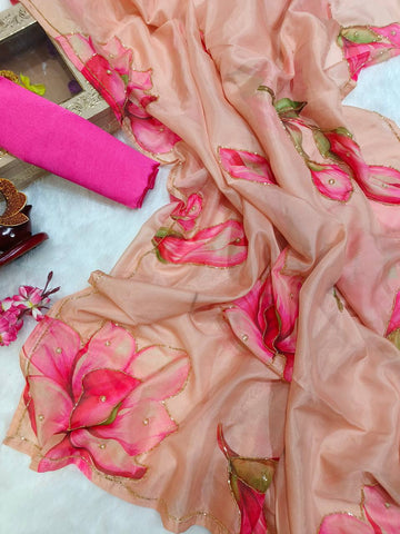 New Exclusive Floral Cream Handwork Saree