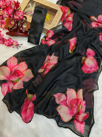 New Exclusive Floral Black Handwork Saree