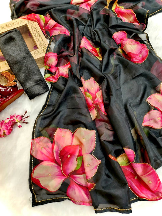 New Exclusive Floral Black Handwork Saree