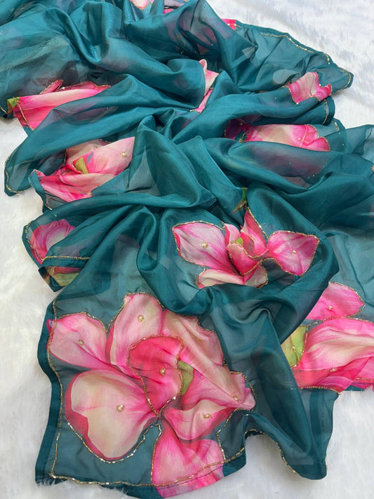 New Exclusive Floral Blue Handwork Saree