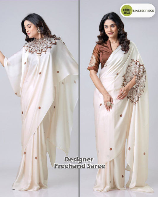 Trending Off White Free Hand Ready To Wear Saree