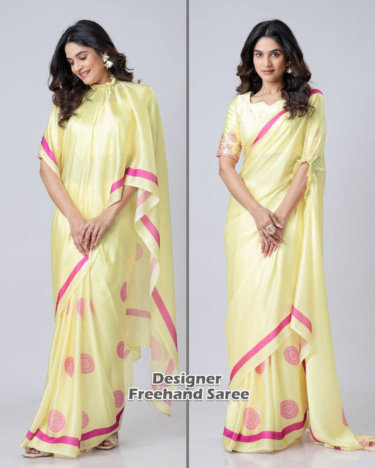 Trending Yellow Free Hand Ready To Wear Saree