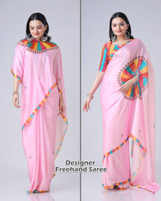 Trending Pink Free Hand Ready To Wear Saree