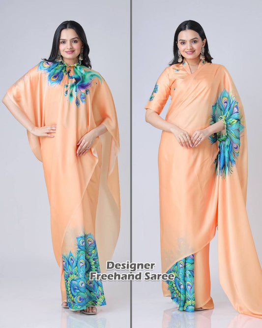 Trending Orange Free Hand Ready To Wear Saree