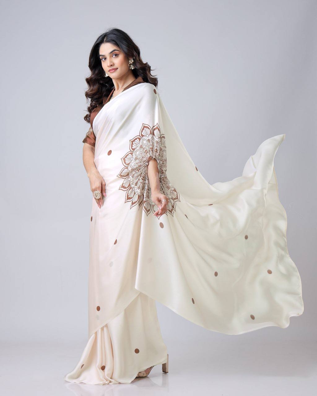Trending Off White Free Hand Ready To Wear Saree
