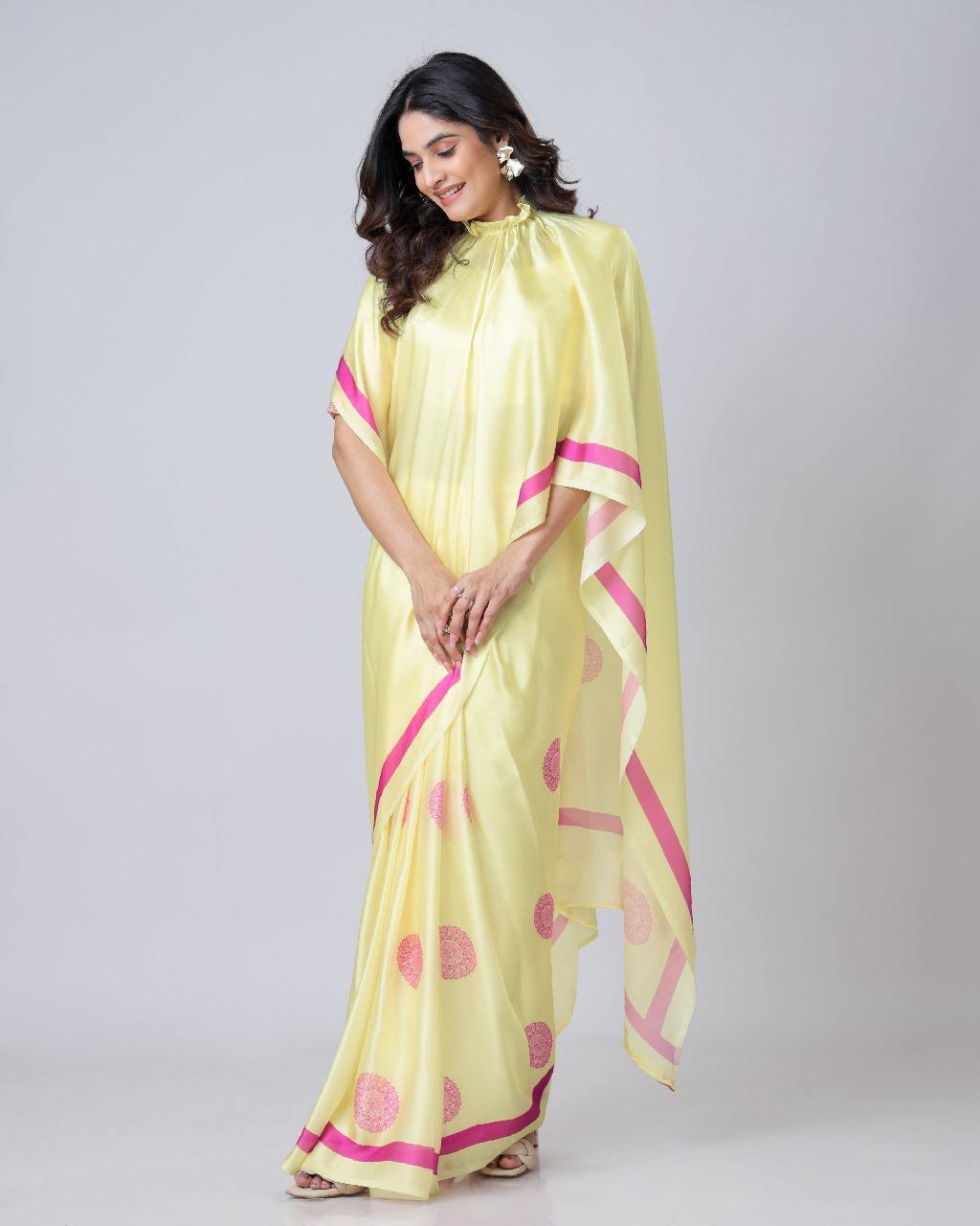 Trending Yellow Free Hand Ready To Wear Saree