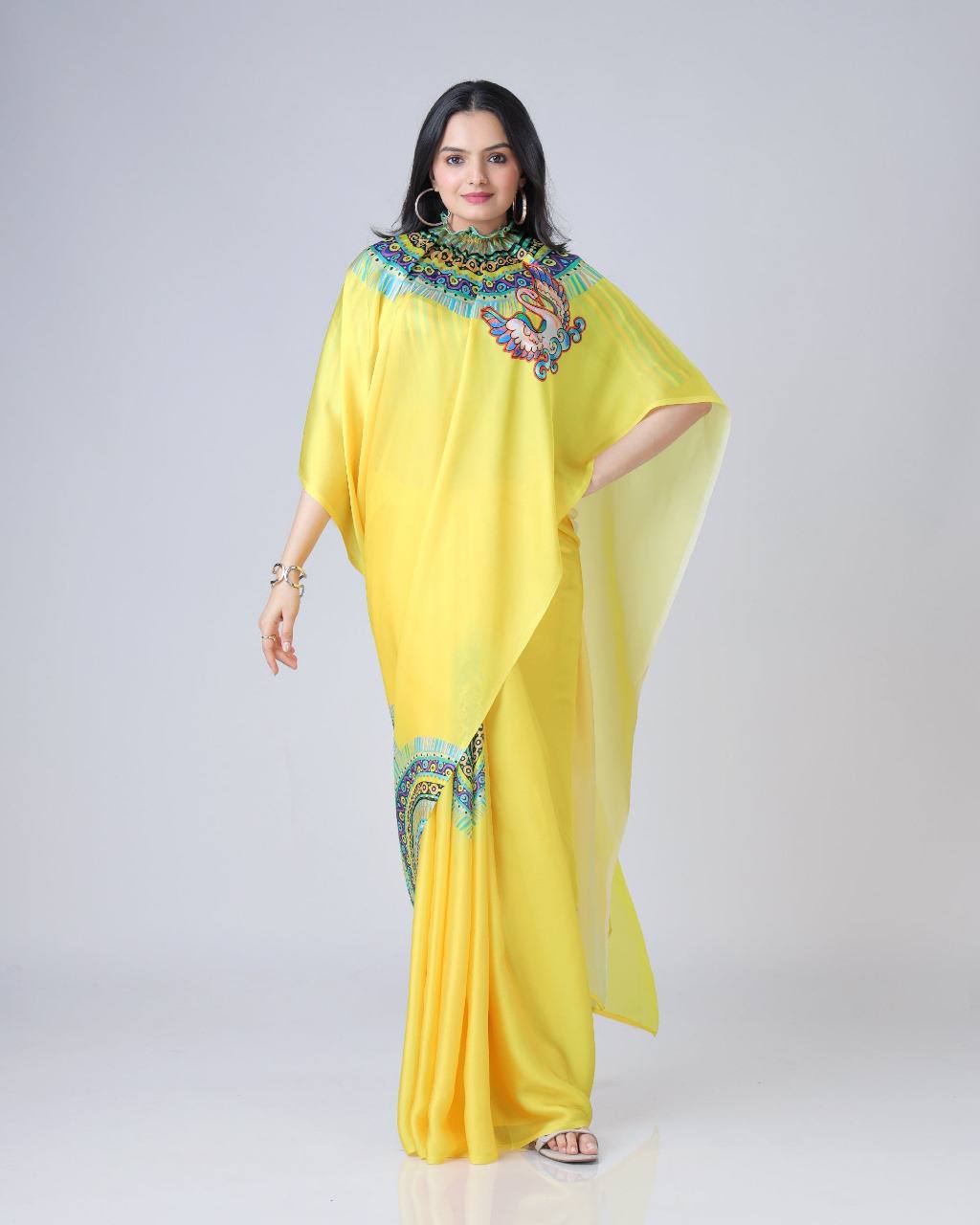 Trending Yellow Free Hand Ready To Wear Saree
