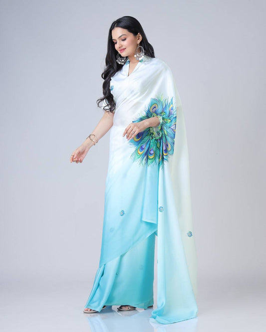 Trending Blue Peacock Free Hand Ready To Wear Saree