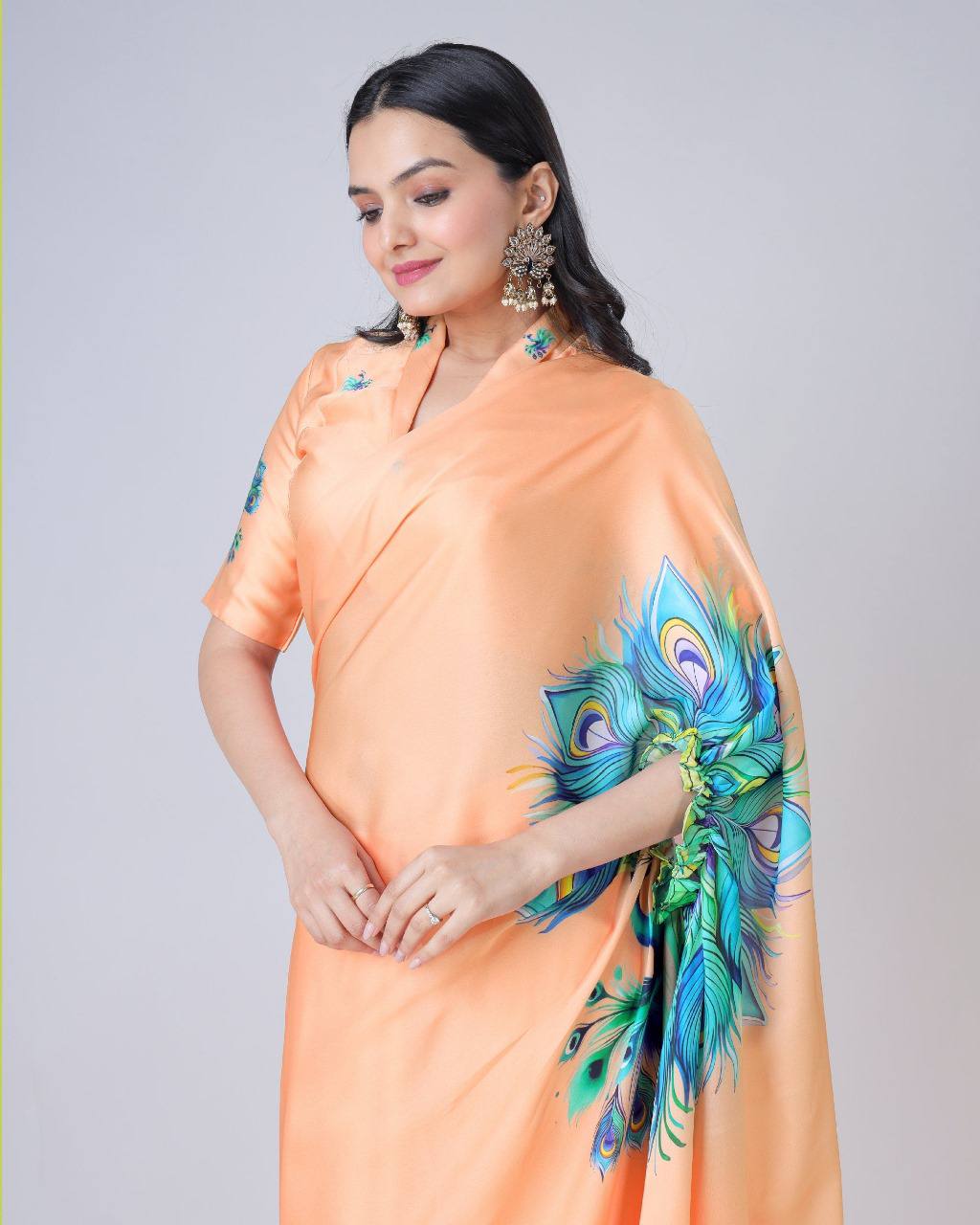 Trending Orange Free Hand Ready To Wear Saree
