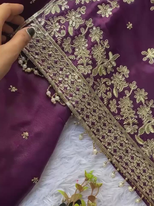 Designer Wine Purple Kurta Sharara Set with Dupatta – Heavy Embroidered Eid & Wedding Wear