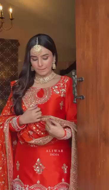 Embroidered Orange Silk Kurta & White Flared Gharara Set