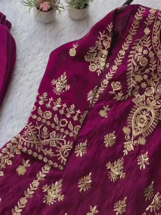 Designer Maroon Embroidered Kurti Pant Dupatta Set for Women | Festive & Party Wear Ethnic Suit