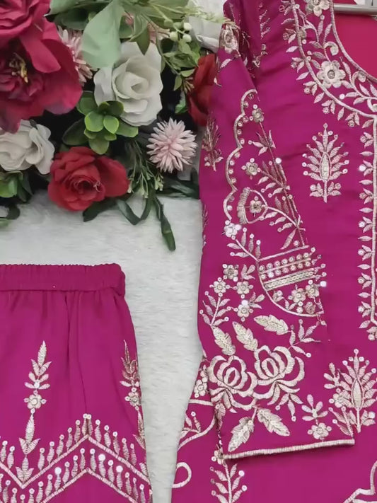 Designer Magenta Embroidered Kurti Pant Set with Dupatta | Festive & Party Wear Ethnic Suit
