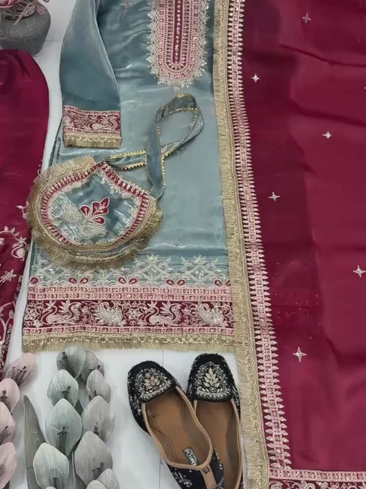 Designer Embroidered Kurti Palazzo Set with Dupatta | Steel Blue & Maroon Party Wear Suit