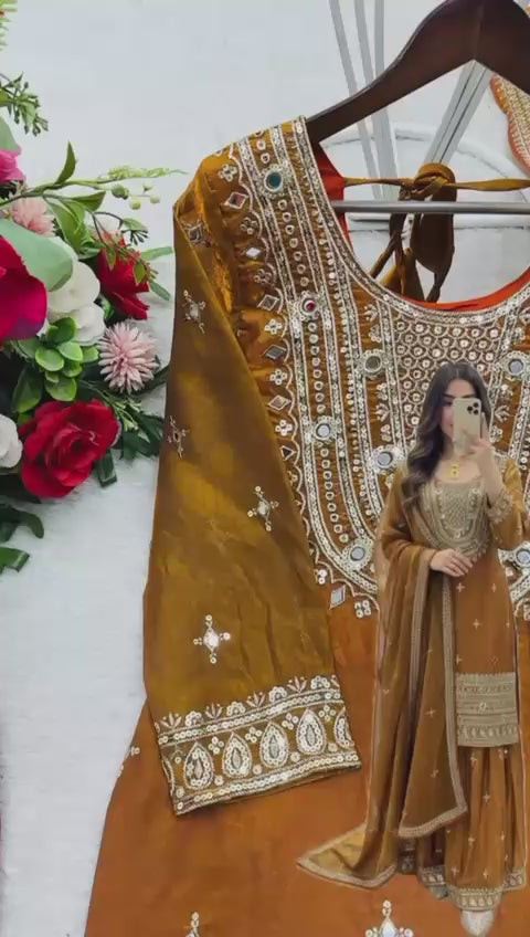 Mustard Yellow Kurta Sharara Set with Dupatta | Embroidered Ethnic Wear for Women