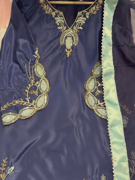 Elegant Navy Blue Embroidered Kurti Pant Set with Dupatta | Designer Party & Festive Wear Suit