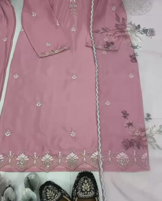 Designer Dusty Pink Embroidered Kurti Pant Set with Printed Dupatta | Elegant Ethnic Wear for Women