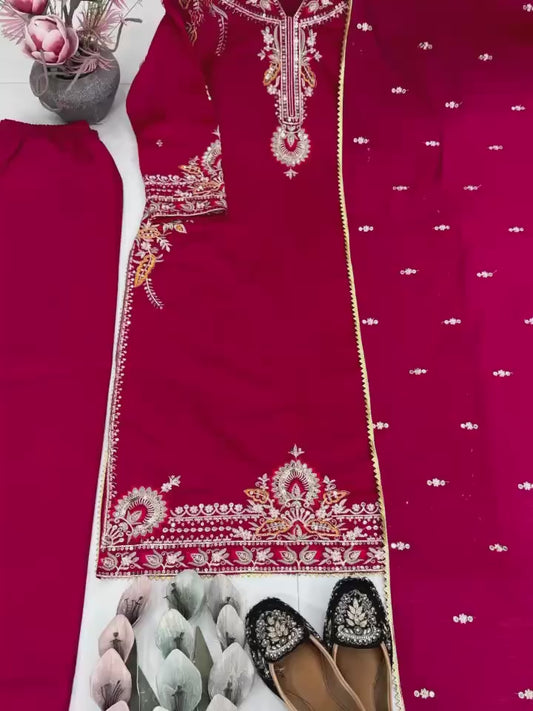 Designer Maroon Embroidered Kurti Pant Dupatta Set for Women | Festive & Party Wear Ethnic Suit