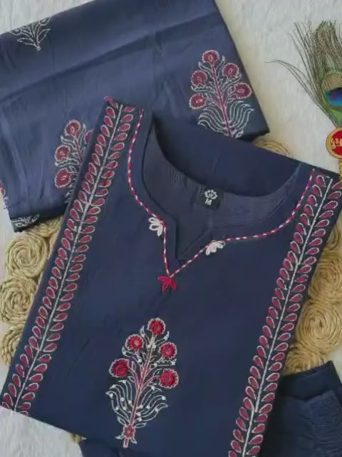 Navy Blue Designer A-Line Kurti Set with Pant & Dupatta | Embroidered Ethnic Wear for Women